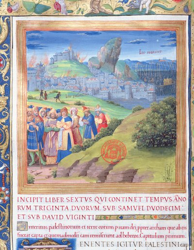 Ms. 1581 f. 108v Illustratie uit Boek VI (Van de dood van Eli tot de dood van Saul), Hoofdstuk 1 van de Oudheden van de Joden (Antiquitates Judaicae) door Flavius Josephus - De vernietiging die kwam door French School
