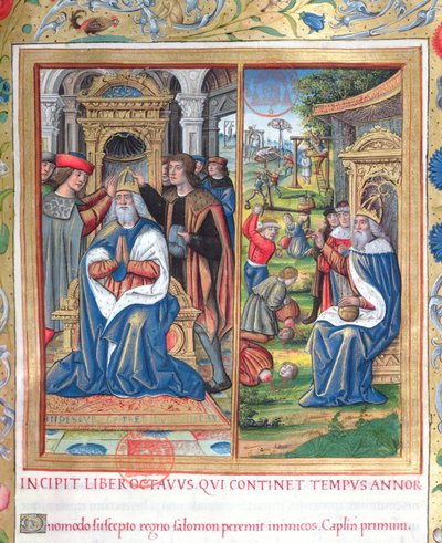 Ms. 1581 f. 154 Illustratie uit Boek VIII (Van de dood van David tot de dood van Achab), Hoofdstuk 1 van de Oudheden van de Joden (Antiquitates Judaicae) door Flavius Josephus - Hoe Salomo, toen hij door French School