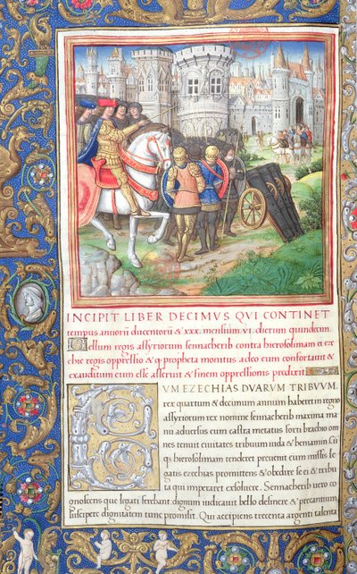 Ms. 1581 f. 195v Illustratie uit Boek X (Van de gevangenschap van de Tien Stammen tot het eerste jaar van Cyrus), Hoofdstuk 1 van de Oudheden van de Joden (Antiquitates Judaicae) door Flavius Josephus door French School