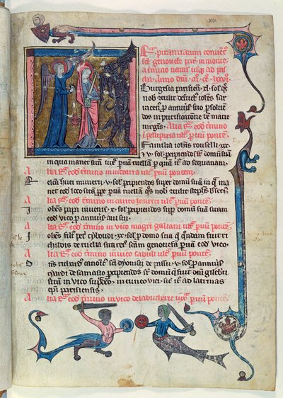 Ms 16261 fol.13v St. Genevieve vecht tegen een demon met de hulp van een engel, uit de Censier de l