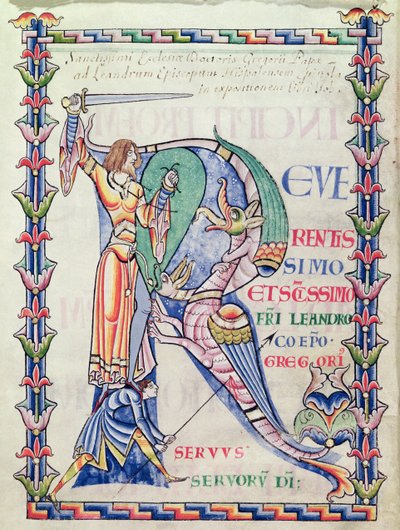 Ms 168 f.4v Geïllustreerde initiaal R die een ridder toont die een draak bevecht, uit Moralia in Job door Paus Gregorius de Grote door French School
