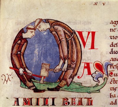 Ms 170 fol.59 Geïllustreerde initiaal Q die monniken toont die hout hakken, uit Moralia in Job door Paus Gregorius de Grote door French School