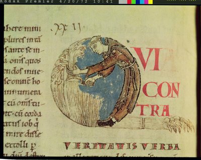 Ms 170 fol.75v Gehistorieerde initiaal Q met een cisterciënzermonnik die oogst, uit Moralia in Job door Paus Gregorius de Grote door French School