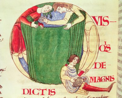 Historiated initiaal Q met wevers, uit Moralia in Job door Paus Gregorius de Grote, Bourgondische School door French School