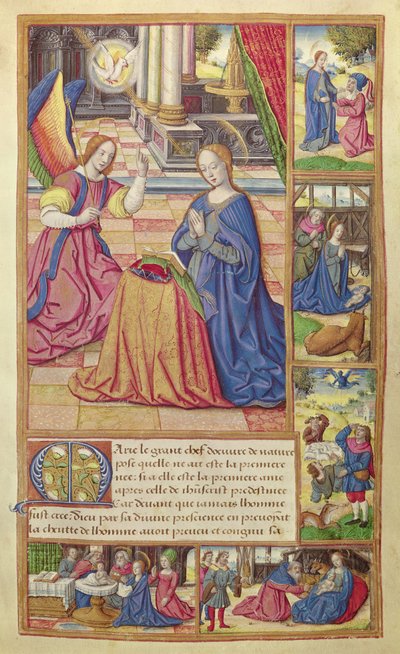 Ms 17 fol.2 De Aankondiging en de Kindertijd van Christus, uit Vie des Femmes Celebres, ca. 1505 door French School