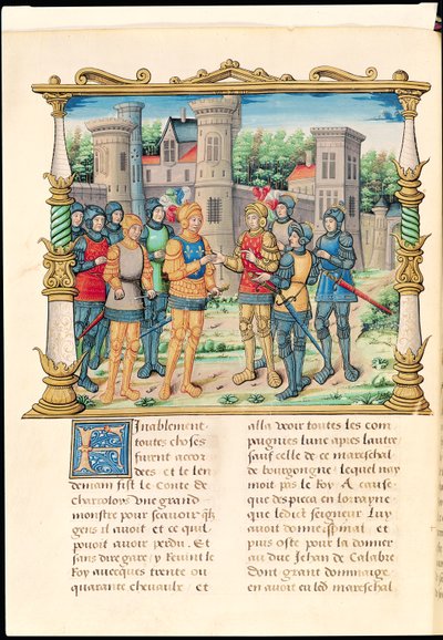Het Verdrag van Conflans tussen Lodewijk XI en Karel de Stoute, Hertog van Bourgondië, oktober 1465, uit de Memoires van Philippe van Commines (1445-1509) door French School