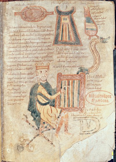 Koning David speelt een psalterium, uit een psalter door French School