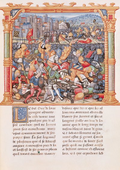 Ms 18 fol.150r Slag bij Nancy in 1477, uit de Memoires de Philippe de Commines door French School