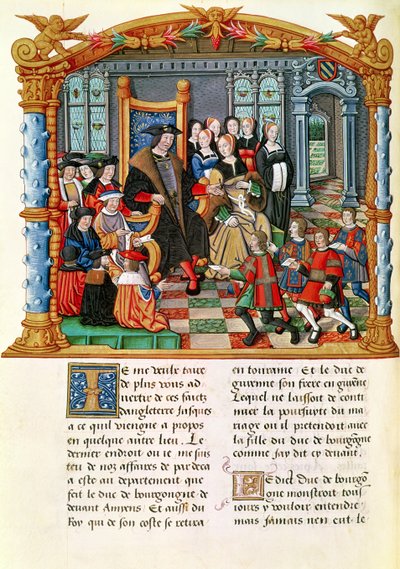 Karel de Stoute, hertog van Bourgondië, ontvangt de gezanten uit Frankrijk en Guyenne, uit de Memoires van Philippe van Commines door French School