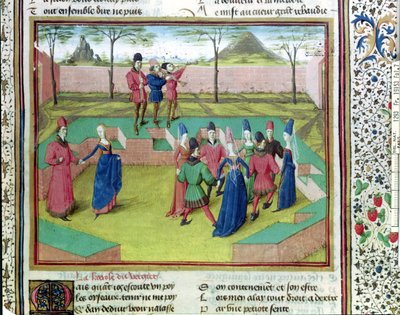 Ms 19153 f.7 Een carole in de boomgaard, illustratie uit Le Roman de la Rose door Jean de Meung, ca. 1460 door French School