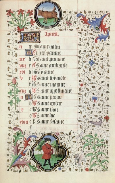April: Stier en een man die een tak draagt, uit een Getijdenboek, begin 15e eeuw door French School