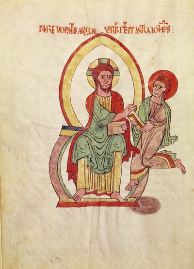 Ms. 1 Fol 111v Sint Jan rent om het Evangelie van Christus te ontvangen, zittend in een mandorla, miniatuur uit het Evangelie van Saint-Michel-de-Cuxa, c.1070-1130 door French School