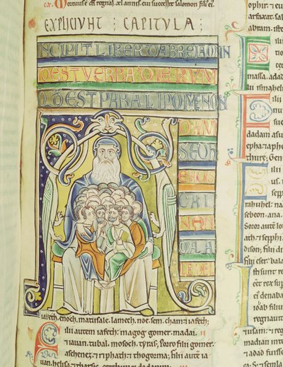 Historiated letter A die generaties in de schoot van Abraham toont, uit de Souvigny Bijbel door French School