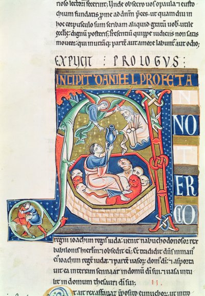 Historiated initiaal A met Daniël in de leeuwenkuil, uit de Souvigny Bijbel door French School