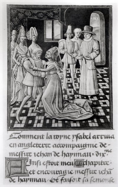Isabella van Frankrijk, koningin van Engeland, neemt afscheid van Willem I, graaf van Henegouwen, uit Froissarts Kroniek door French School