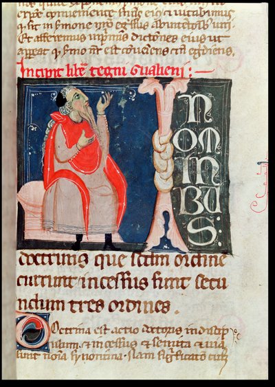 Ms. 2046 fol. 261 Een wetenschapper, illustratie aan het begin van Commentaren door Aliben Rhodonan op Ars Parva door Galenus (ca. 130-ca. 201) door French School
