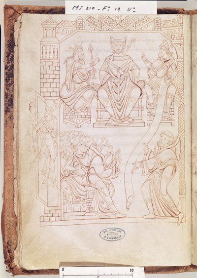 Ms 210 fol 19v. Cartularium van Mont Saint-Michel: Hertog Richard II van Normandië schenkt land en privileges aan het klooster van Mont St. Michel, 1150s door French School