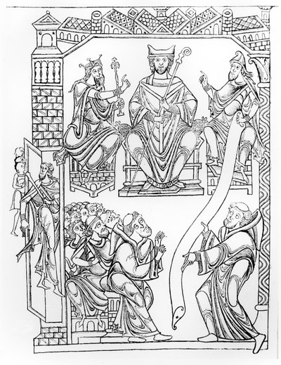Ms 210 fol 19v. Cartularium van Mont Saint-Michel: Hertog Richard II van Normandië schenkt land en privileges aan het klooster van Mont St. Michel (gravure naar een tekening uit de jaren 1150) door French School