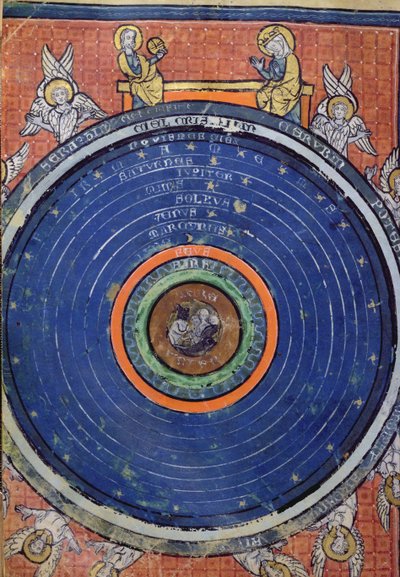 Ms 2200 f.115v. De Wereld, volgens Aristoteles, miniatuur uit De Philosophia Mundi door Guillaume de Conches (1100-54) 1276-77 door French School