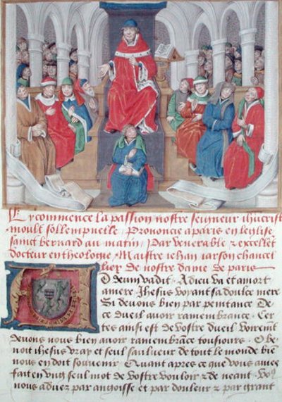 Ms 230 fol.1 Jean de Gerson (1363-1429) predikt de Passie in de ochtend in de Kerk van St. Bernard in Parijs, uit Sermons sur la Passion et Traites Divers, c.1480 door French School