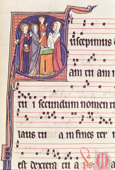 Ms 241 f.144 Geïllustreerde initiaal S met afbeelding van De Presentatie van Jezus in de Tempel, uit het Antifonarium voor de wijding van de Abdijkerk van Vauclair, 1257 door French School