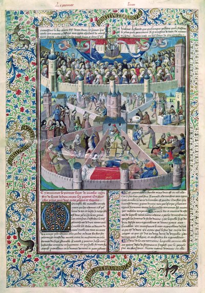 Ms 246 fol.3v Ondeugden en Deugden op aarde, uit De Civitate Dei van St. Augustinus van Hippo (354-430) door French School