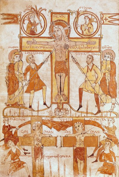 Ms 24 fol.7v De kruisiging en de verdeling van de kleren van de Verlosser, uit een evangelie door French School