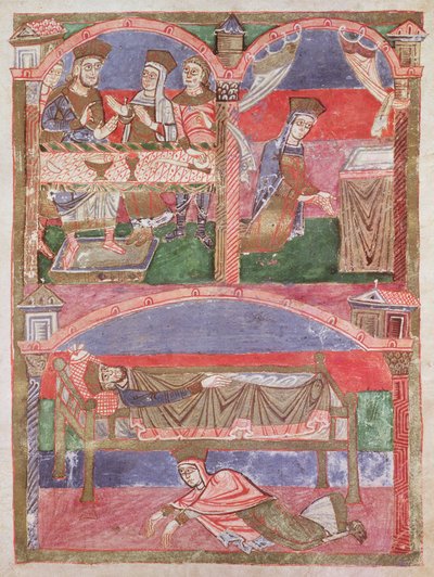 St. Radegund (518-87) aan de tafel van Clothar I (497-561), in haar oratorium en aan de voeten van het koninklijk bed, uit het Leven van St. Radegund door French School