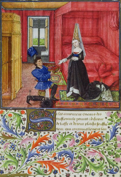 Ms 2617 De schrijver draagt La Teseida op aan een onbekende jonge vrouw, uit La Teseida, door Giovanni Boccaccio (1313-75) 1340-41 door French School