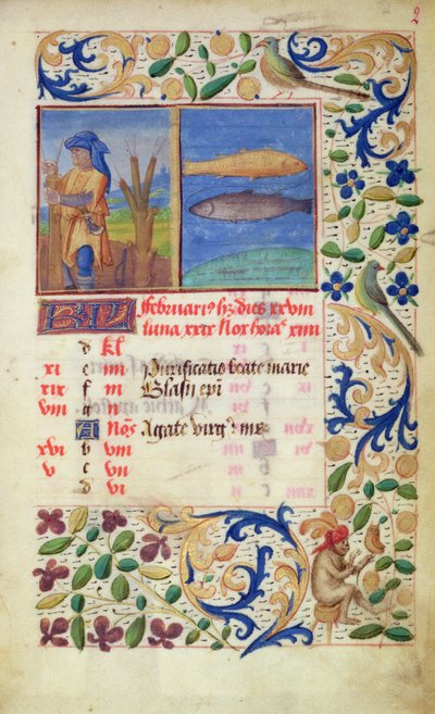 Kalender voor de maand februari, uit de Heures de Notre Dame door French School