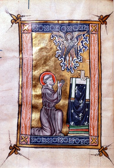 St. Franciscus van Assisi ontvangt de stigmata van Christus in de vorm van een serafijn, uit een psalter, ca. 1270 door French School
