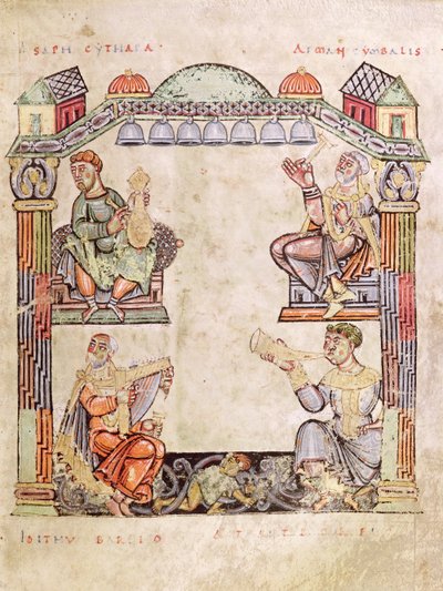 Ms 2 fol.11 (6) Vier muzikanten, uit een getijdenboek door French School