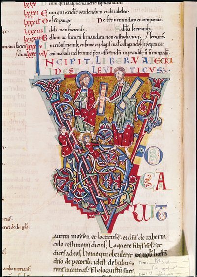 Geïllustreerde initiaal V met een scène uit het Boek Leviticus, uit de St. Benigne Bijbel door French School