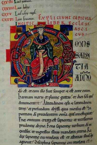 Geïllustreerde initiaal O met een figuur van Wijsheid, uit de St. Benigne Bijbel door French School