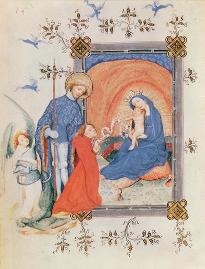 Ms 3024 fol.12v Maagd en Kind met een knielende man en St. George, uit een getijdenboek door French School