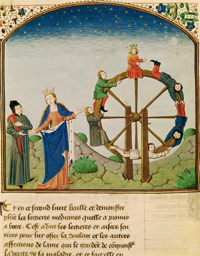 Ms 3045 fol.22v Boethius met het Rad van Fortuin, uit De Consolatione Philosophiae, vertaald door Jean de Meung door French School