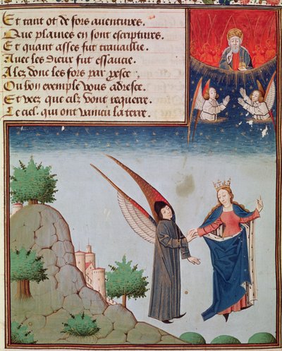 Ms 3045 fol.94r Dame Filosofie leidt Boëthius in de vlucht naar de hemel op de vleugels die zij hem heeft gegeven; God de Vader kijkt zegenend toe door French School
