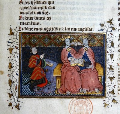De Drie-eenheid en de knielende figuur van de schenker, miniatuur uit de Bible Historiale van Guyart des Moulins door French School