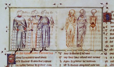 Ms 3142 fol.311r Het verhaal van de drie levende mannen en de drie dode mannen, uit Recueil de Poesies Francaises, ca.1280-90 door French School
