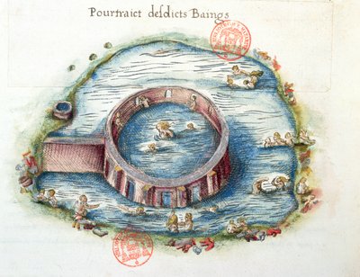Ms 3242 De baden van Bourbon-Lancy, illustratie uit Generale Description du Bourbonnais door Nicolas de Nicolay, 1569 door French School