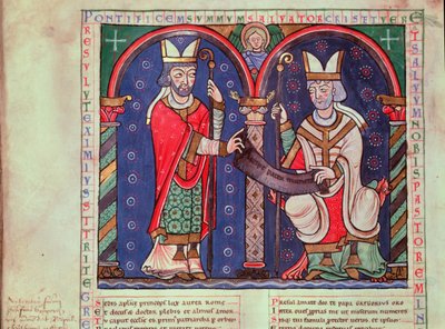 Ms 3401 fol.39v Rabanus Maurus (ca.780-856) biedt zijn boek aan paus Gregorius I (540-604) uit Anchin Abbey door French School