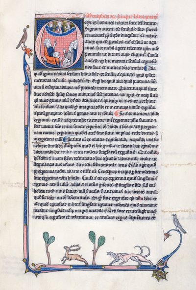 Ms 3458, gehistorieerde initiaal O die de oude Griekse filosoof Aristoteles afbeeldt, die een groep geestelijken uit West-Europa onderwijst en naar God in de hemel wijst door French School