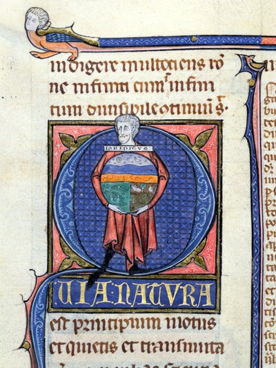 Ms 3469 Filosoof met een wereldbol met de vier elementen, uit de Fysica door Aristoteles door French School