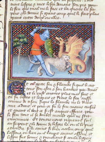 Ms 3480 Yvain, de ridder met de leeuw, vecht tegen een draak, miniatuur uit Roman de Lancelot door French School