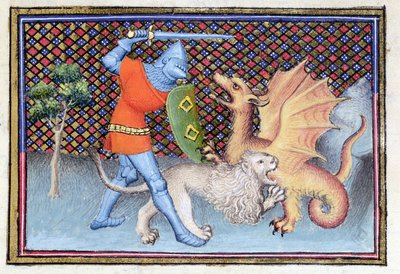 Yvain, de Ridder met de Leeuw, vecht tegen een draak, miniatuur uit Roman de Lancelot (detail) door French School