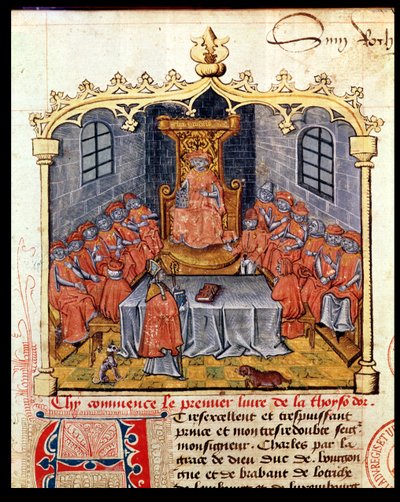 Charles de Stoute (1433-77) Hertog van Bourgondië en de Ridders van de Orde van het Gulden Vlies, uit De Geschiedenis van het Gulden Vlies door Guillaume Filastre, midden 15e eeuw door French School