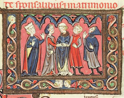 Ms 364 fol.166 Een huwelijk, illustratie uit de commentaren van Johannes Andreae op pauselijke decreten door French School