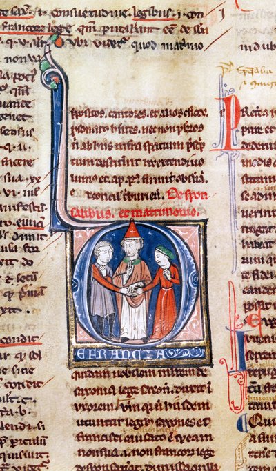 Ms 365 fol.318v Geïllustreerde initiaal D die een huwelijk uitbeeldt, uit de Decretalen van Gregorius IX door French School