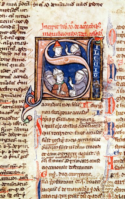 Ms 365 fol.350 Geïllustreerde initiaal S die paus Gregorius IX met bisschoppen en abten uitbeeldt, uit de Decretalen van Gregorius IX door French School