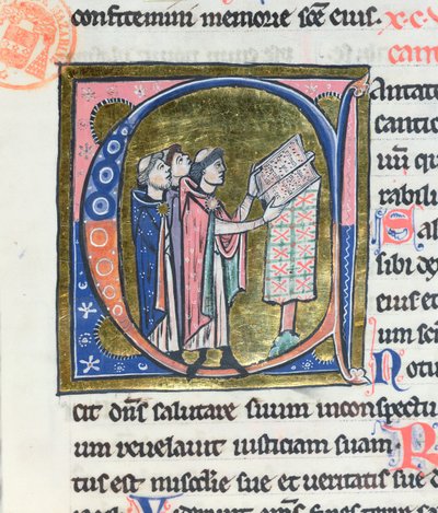 Ms 36 Geïllustreerde initiaal C die een monnik toont die een missaal leest, uit een Latijnse bijbel door French School
